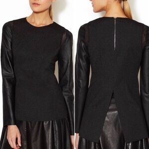 Stella & Jamie Rio Crochet Trim Leather Sleeve Top, Size L, Black